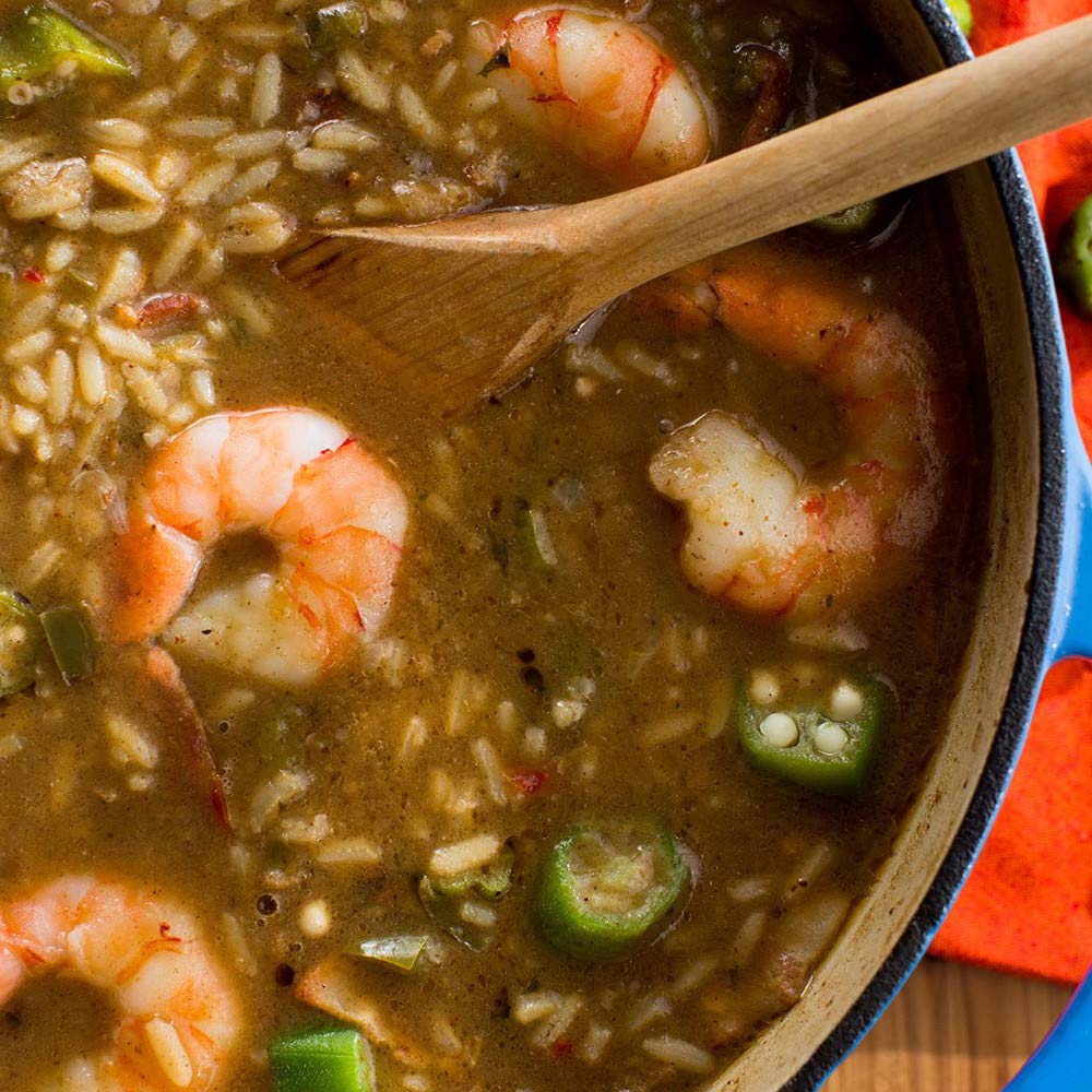 Zatarain's Gumbo Mix ingredient close-up emphasizes seasoned roux and peppers.