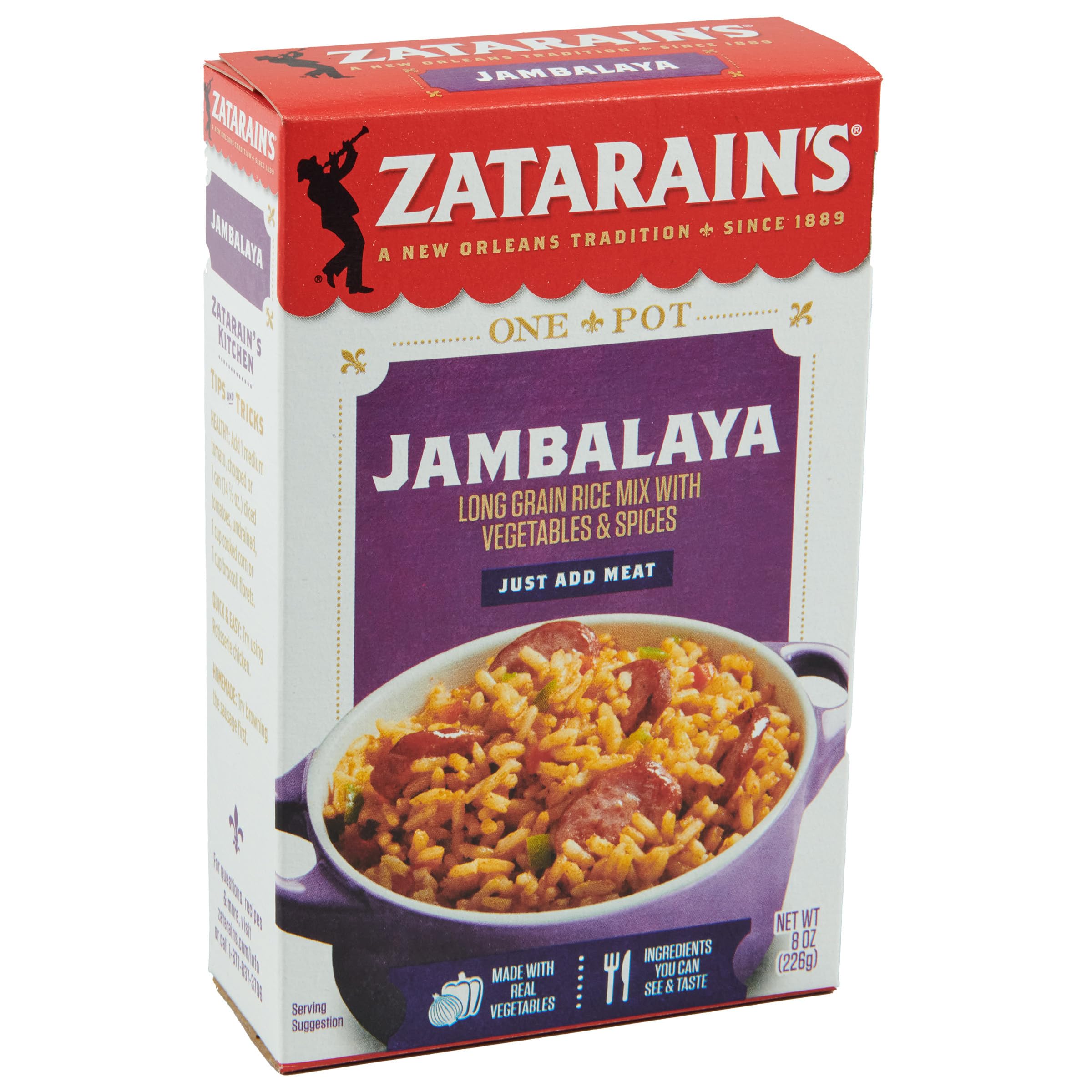 Zatarain's jambalaya mix ingredients showcase long-grain rice and vegetables for flavor.