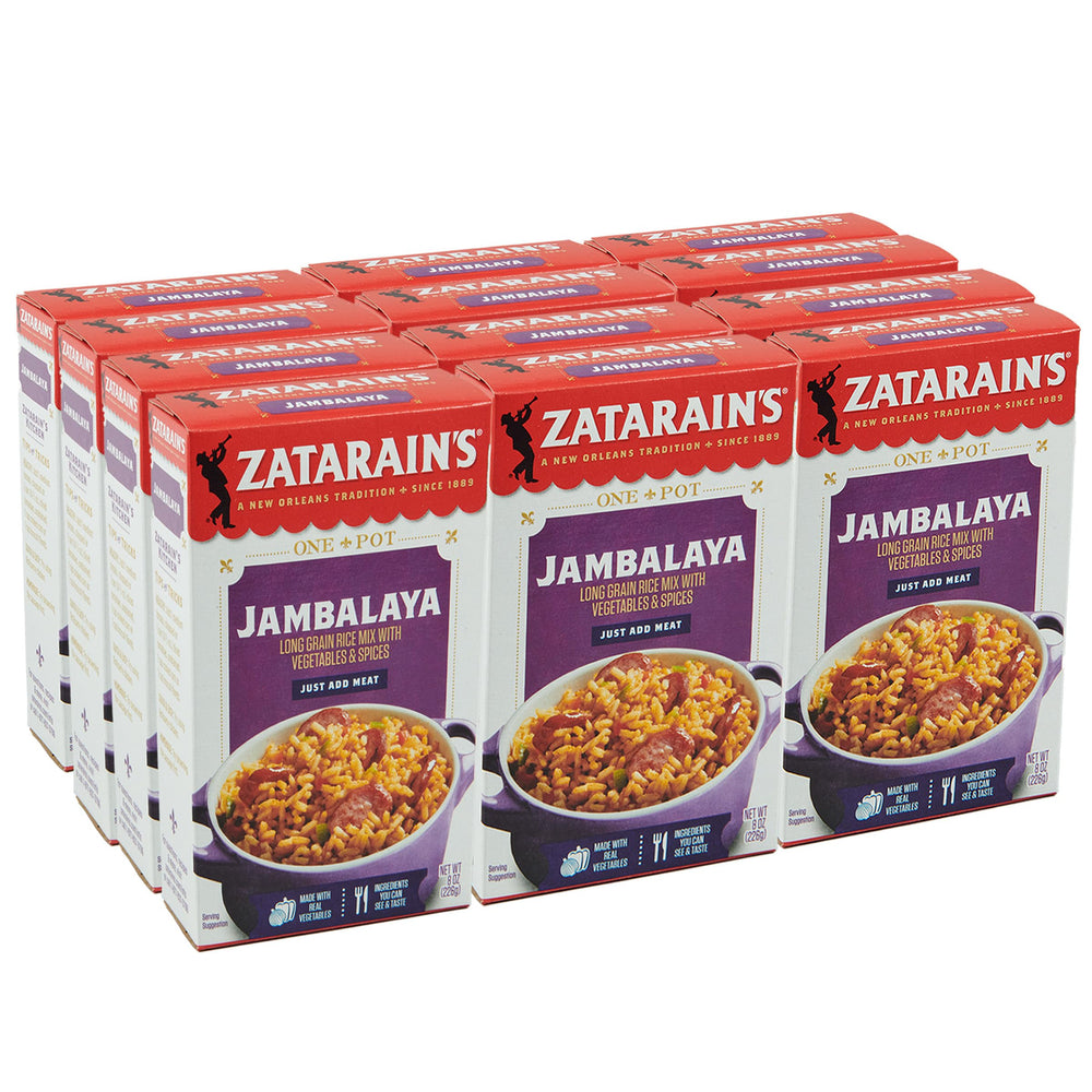Zatarain's Jambalaya mix packaging front for quick Creole meals.