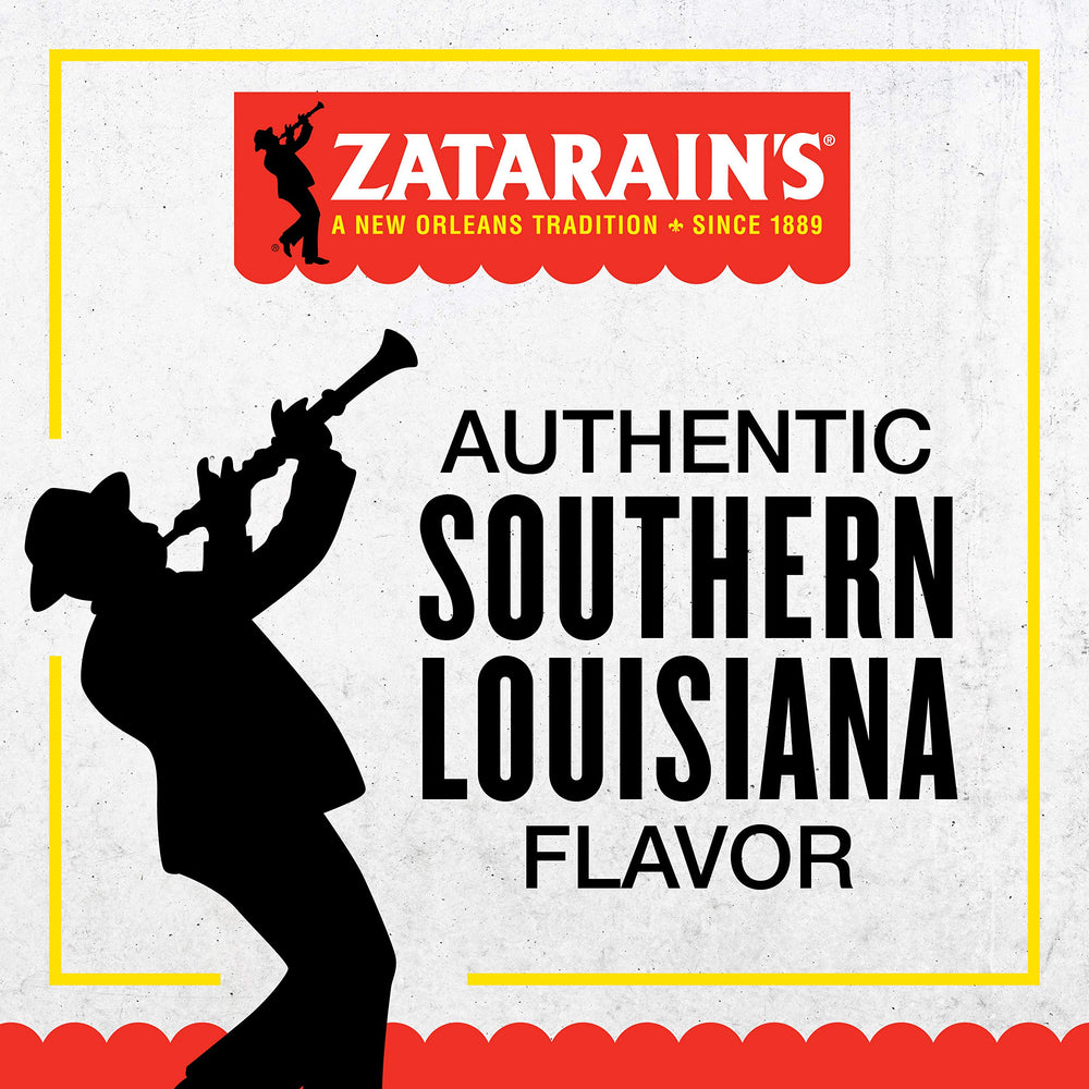 Back-of-house shelf with Zatarain's Gumbo Filé packaging in a professional kitchen.