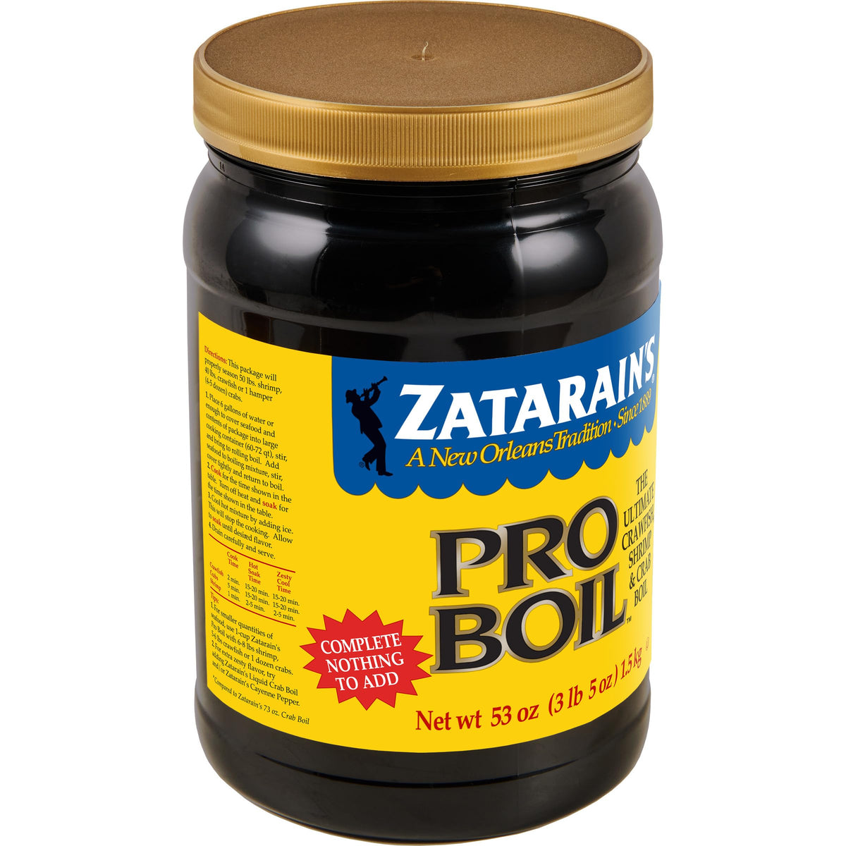 Zatarain's Pro Boil 53 oz bottle delivering bold seafood boil flavor.