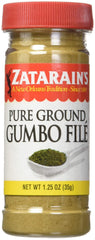 Zatarain's Pure Ground Gumbo File jar closeup highlights authentic New Orleans flavoring.