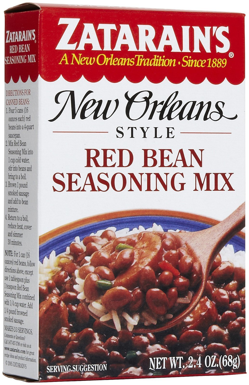 Zatarain's Red Bean Seasoning Mix packaging highlighting gluten-free, all-natural formula for flavorful beans.
