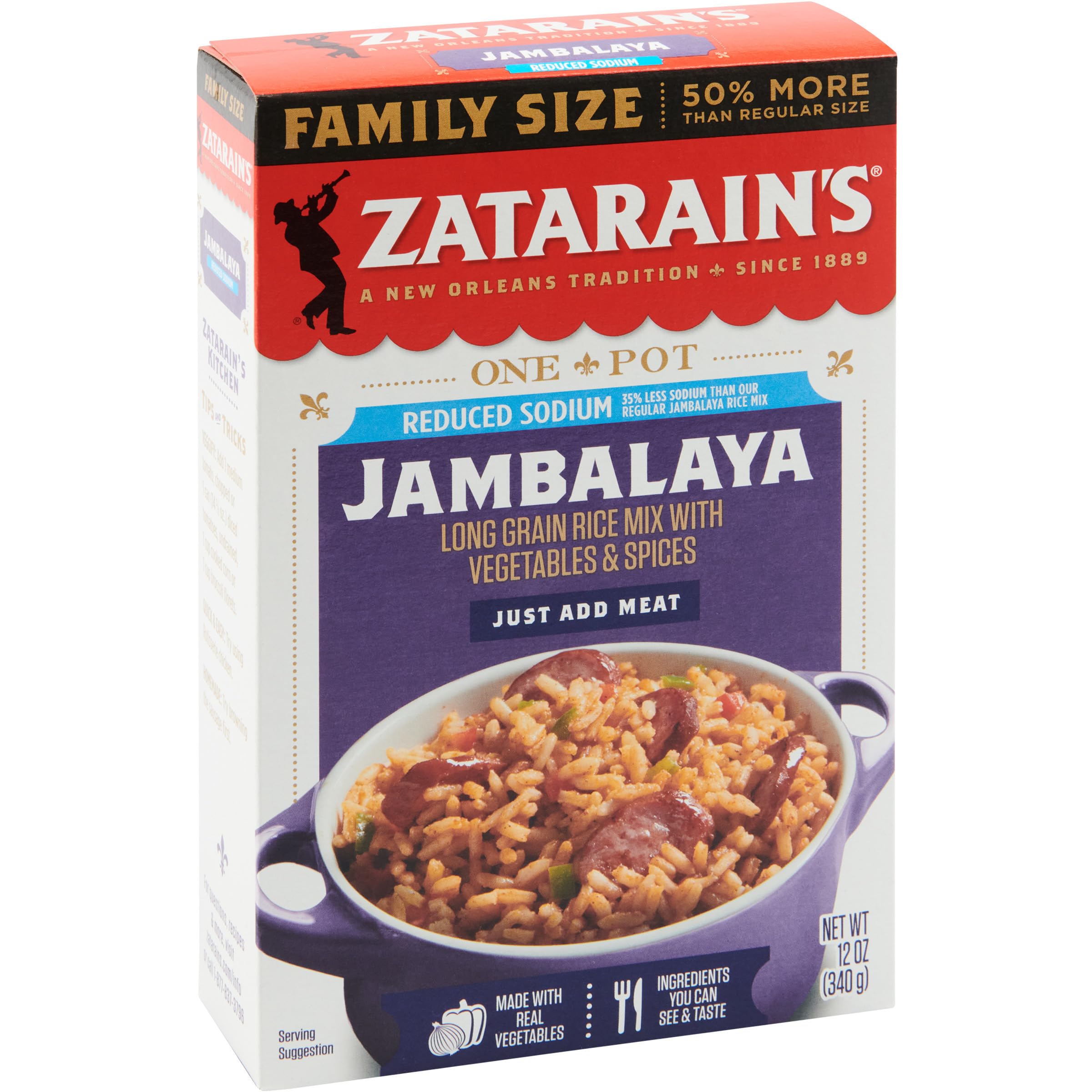 Zatarain's Reduced Sodium Jambalaya Rice Dinner Mix box on a kitchen counter, ready for family meals.