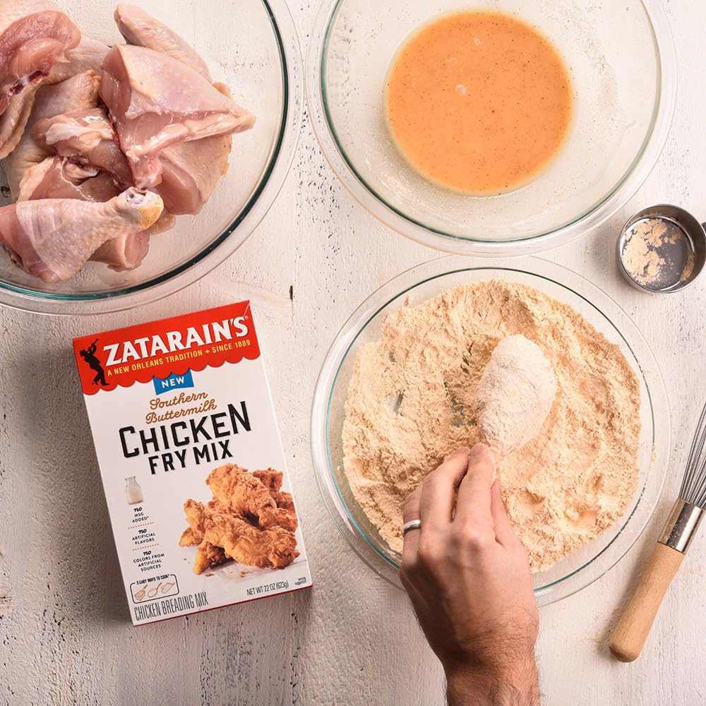 Zatarain's fry mix box showing bake, pan fry, and deep fry icons