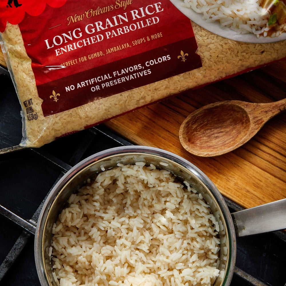 Zatarain's parboiled rice stovetop scene shows under-30-minute weeknight results.
