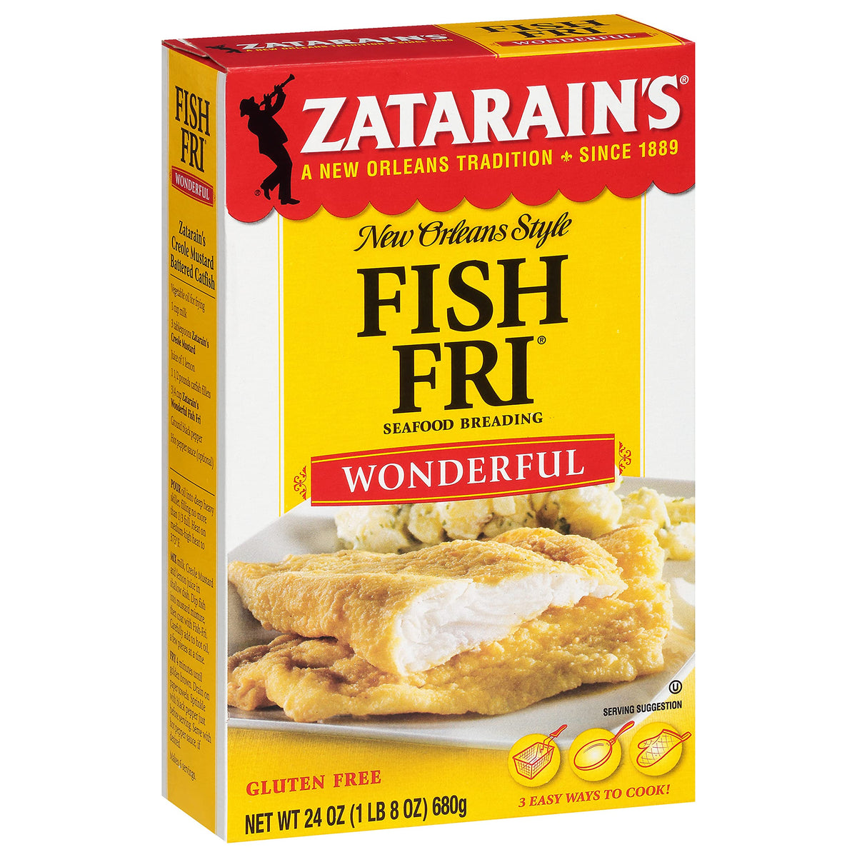 Zatarain's Wonderful Fish Fri packaging shown, a versatile seafood breading for crispy results.