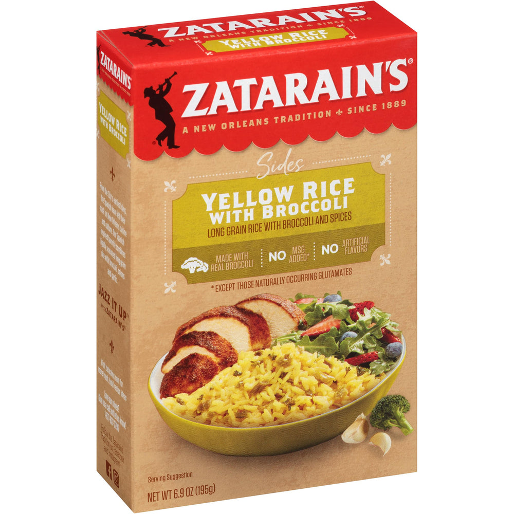 Zatarain's Yellow Rice with Broccoli box front, ready to cook as a quick weeknight side.