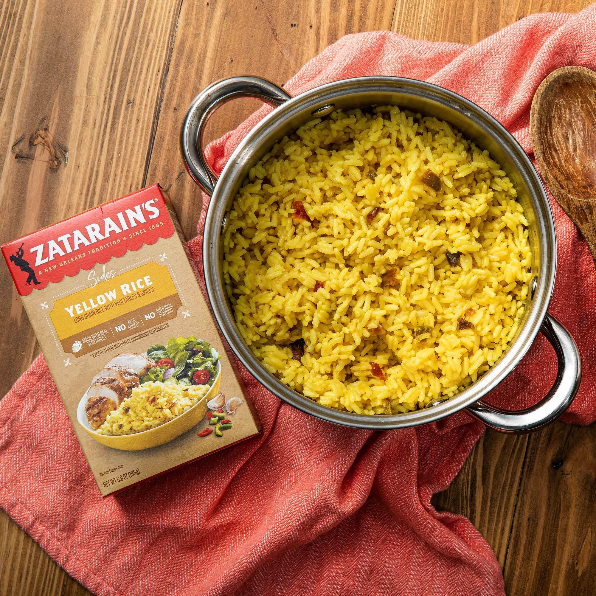 Microwave-ready image showing quick prep with Zatarain's Yellow Rice.