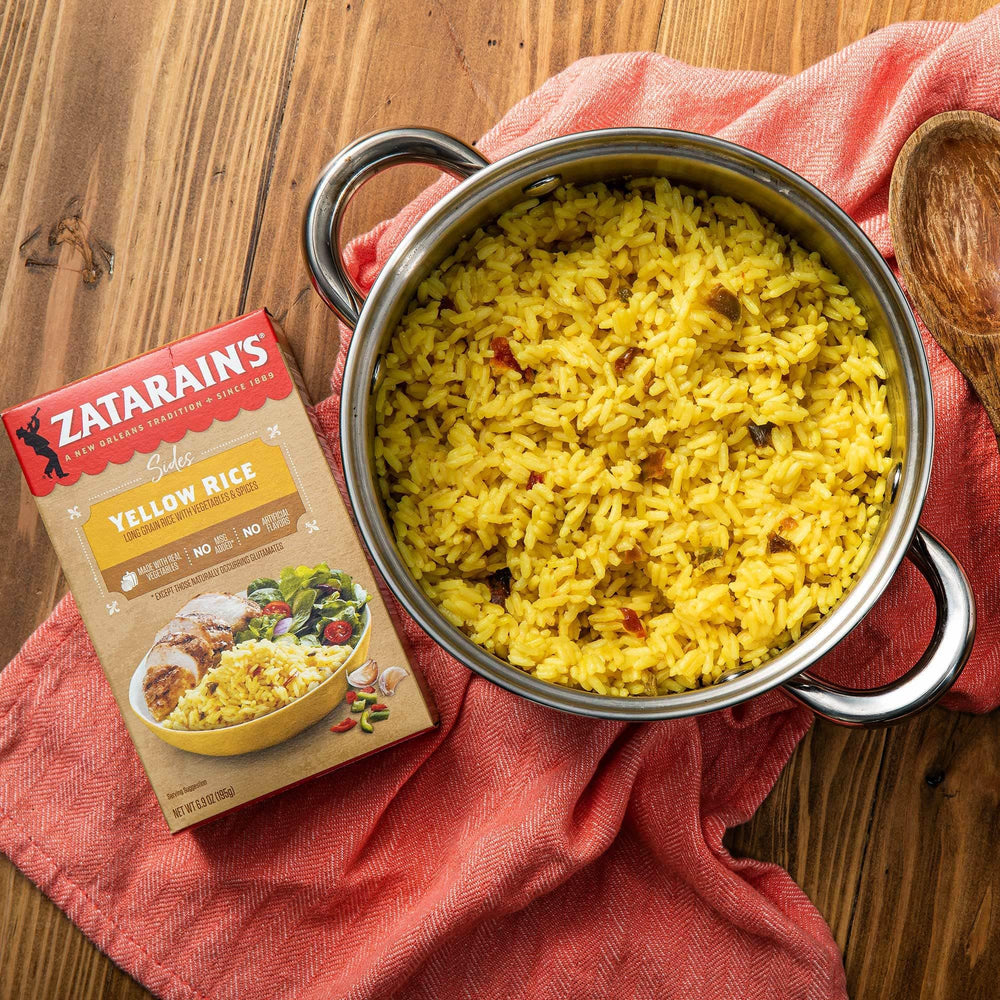 Microwave-ready image showing quick prep with Zatarain's Yellow Rice.