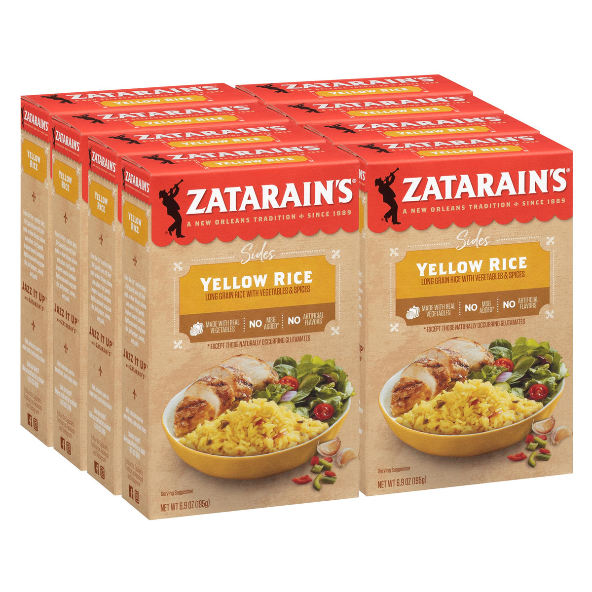 Zatarain's Yellow Rice packaging showcases a quick, easy weeknight side.