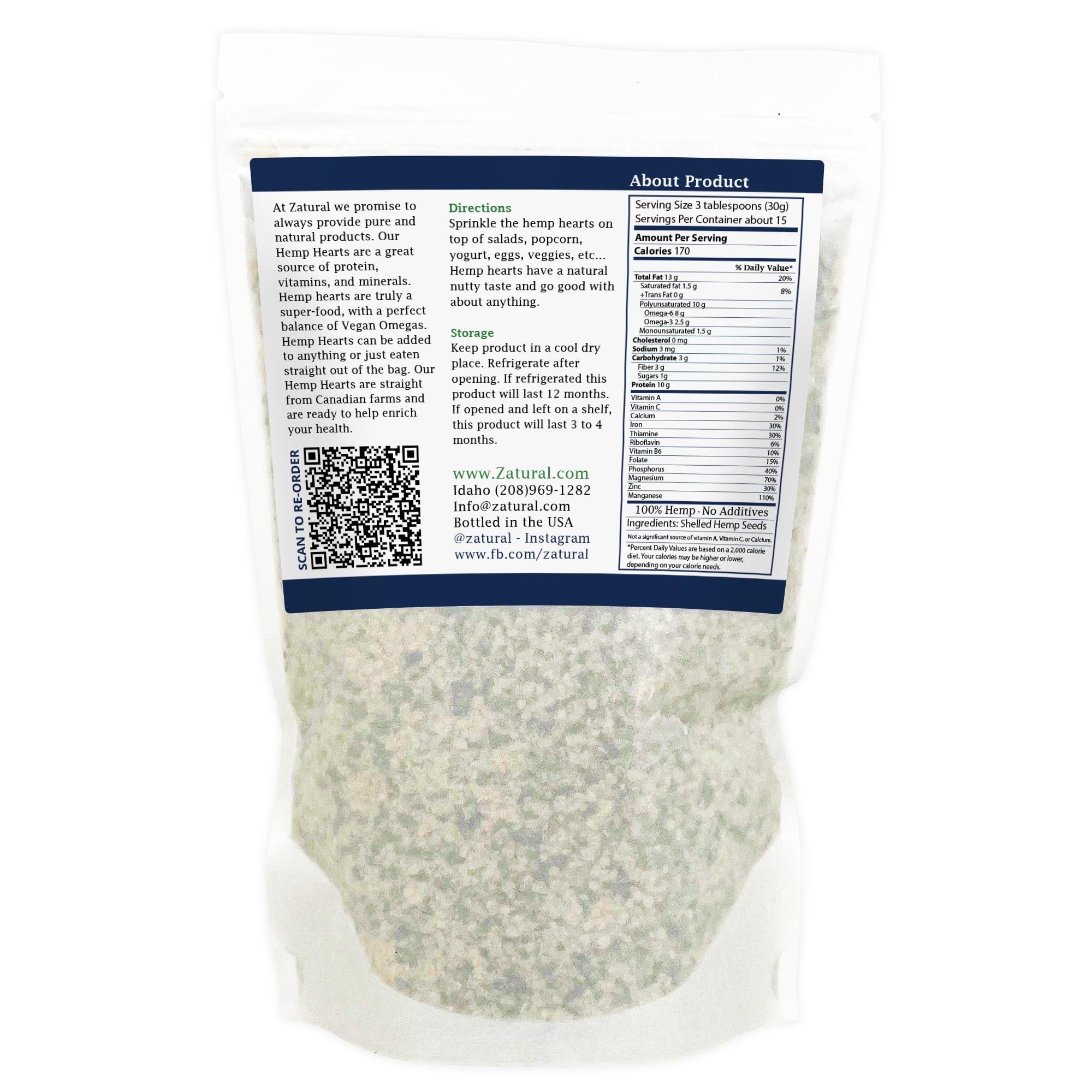 Close-up of Zatural Hemp Hearts shows creamy white hearts for smoothies.