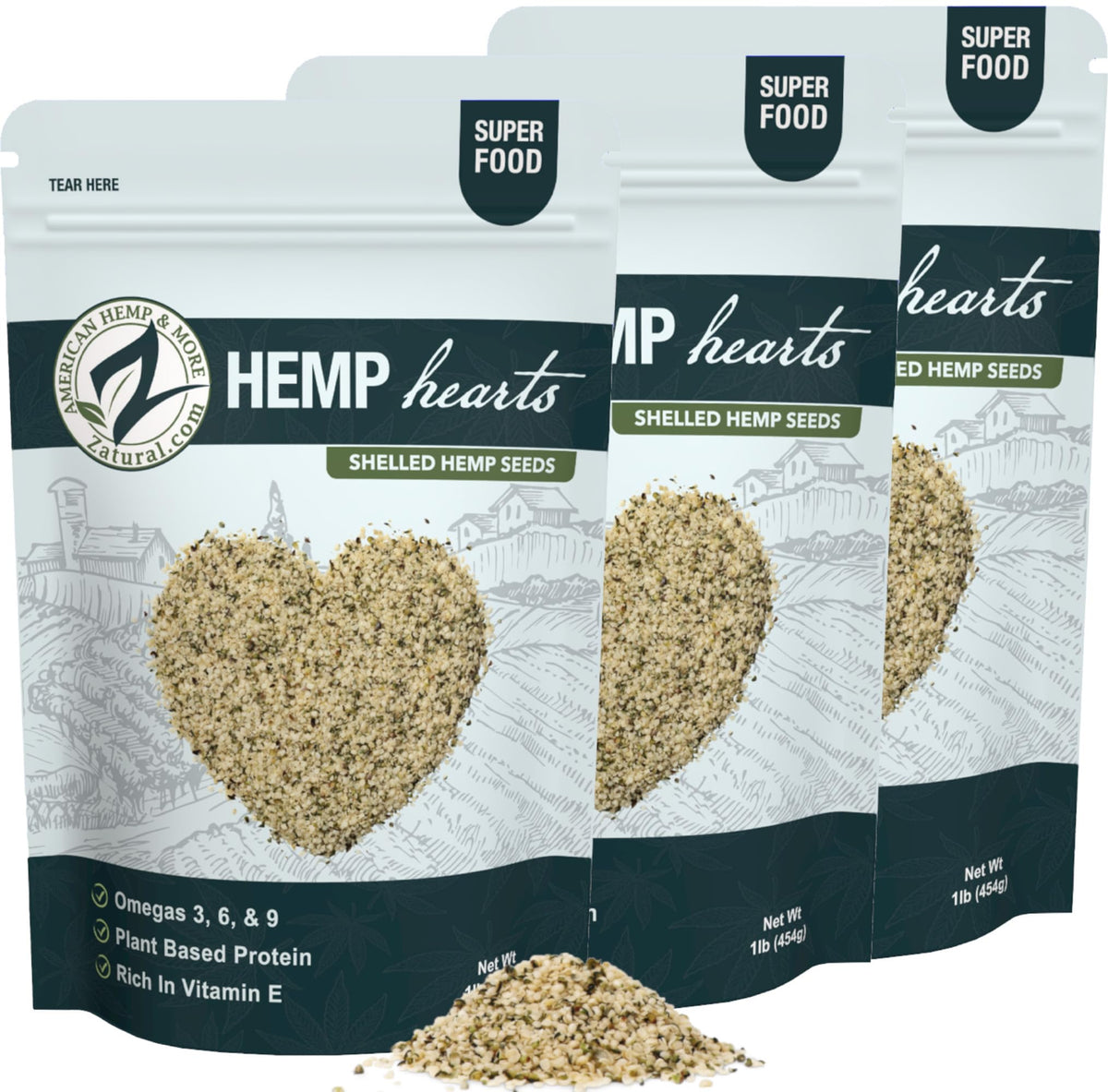 Zatural Hemp Hearts front bag shows pure hulled seeds for easy snacking.