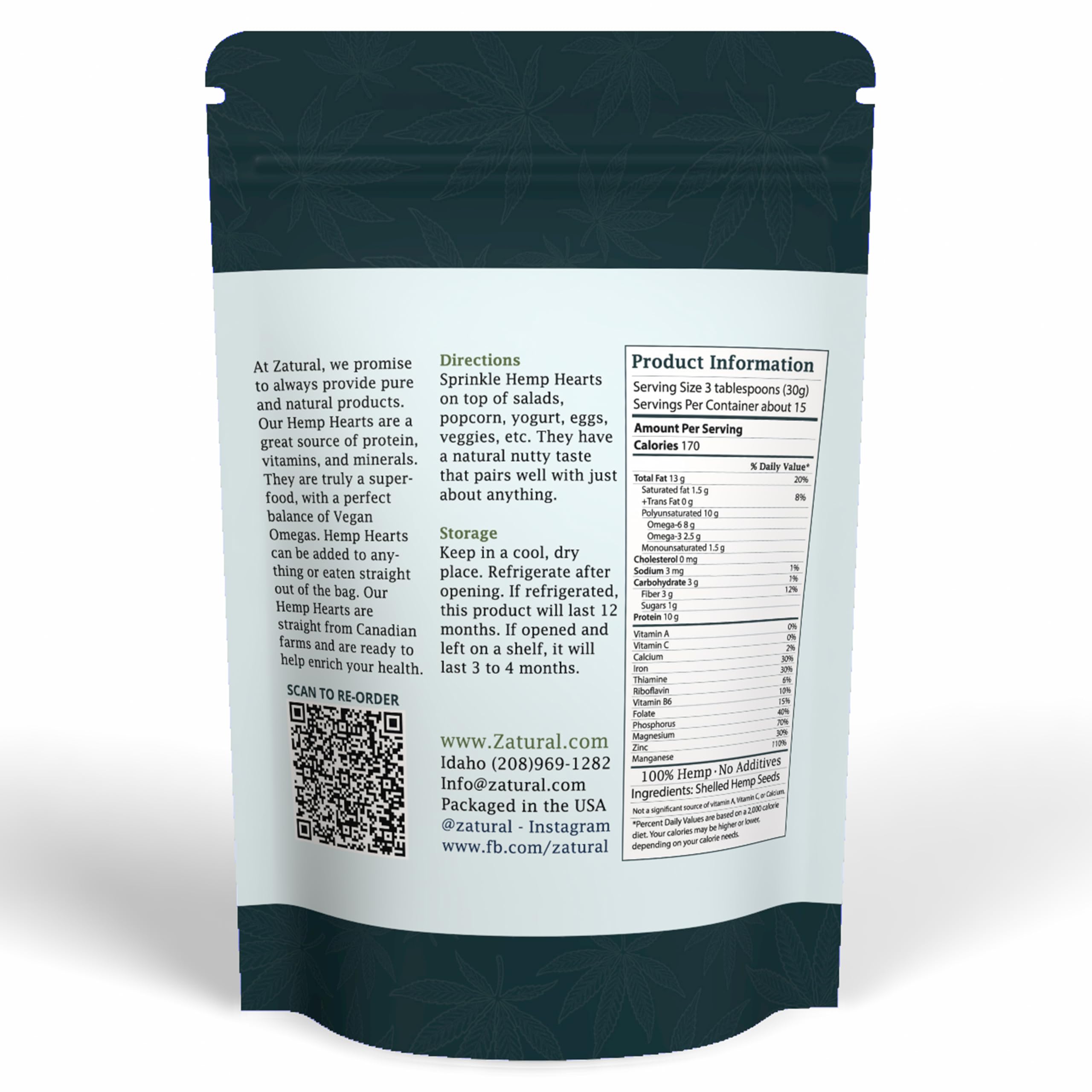 Zatural Hemp Hearts packaging close-up highlights quality and bulk pantry use.