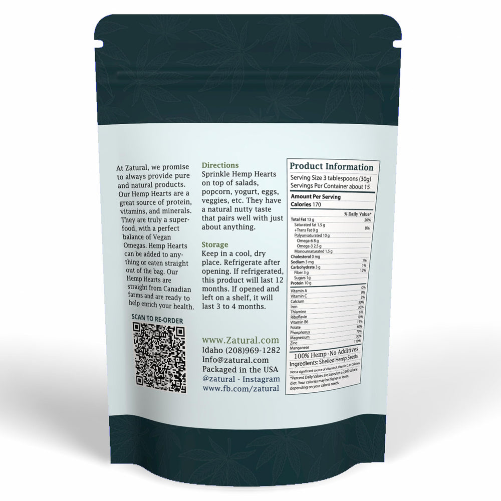 Zatural Hemp Hearts packaging close-up highlights quality and bulk pantry use.