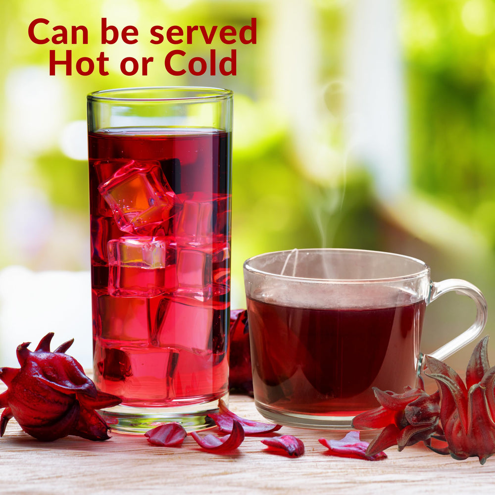 ZAVBE hibiscus iced tea in a glass shows a ruby hue.