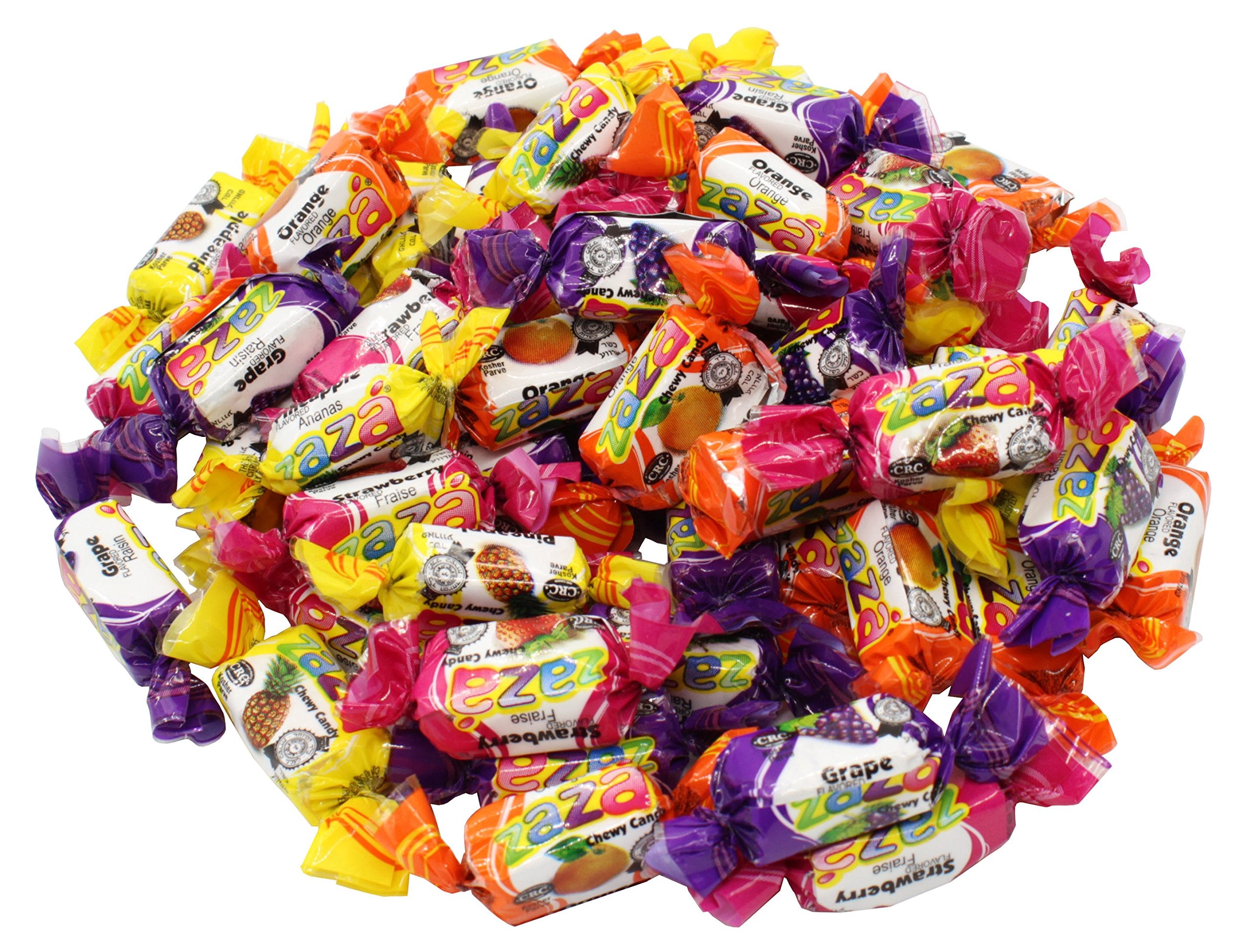 Zaza kosher fruity creme taffy pack features juicy flavors in a platter-friendly box.