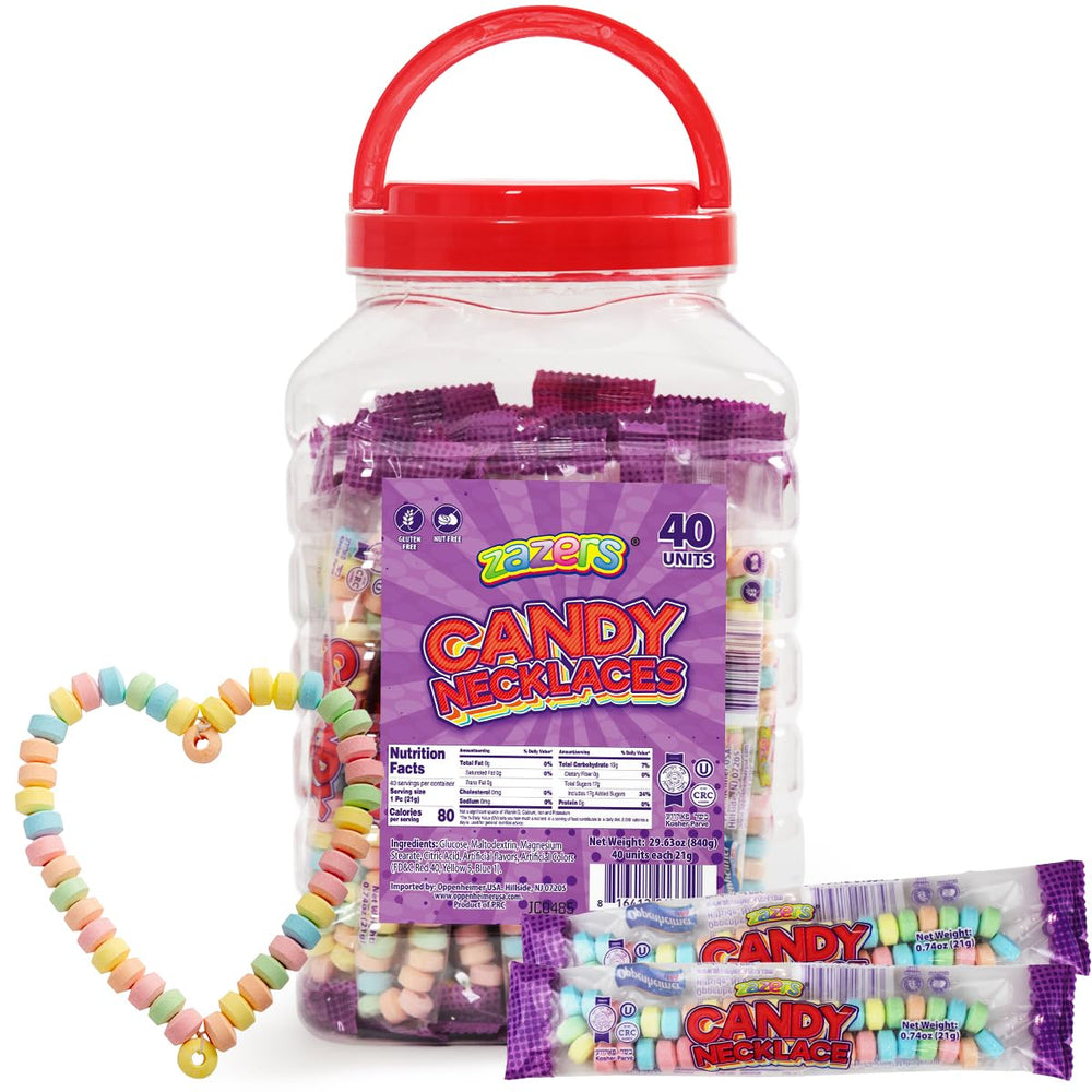 Zazers 40-candy-necklaces bulk pack, ideal for party favors and easy sharing.