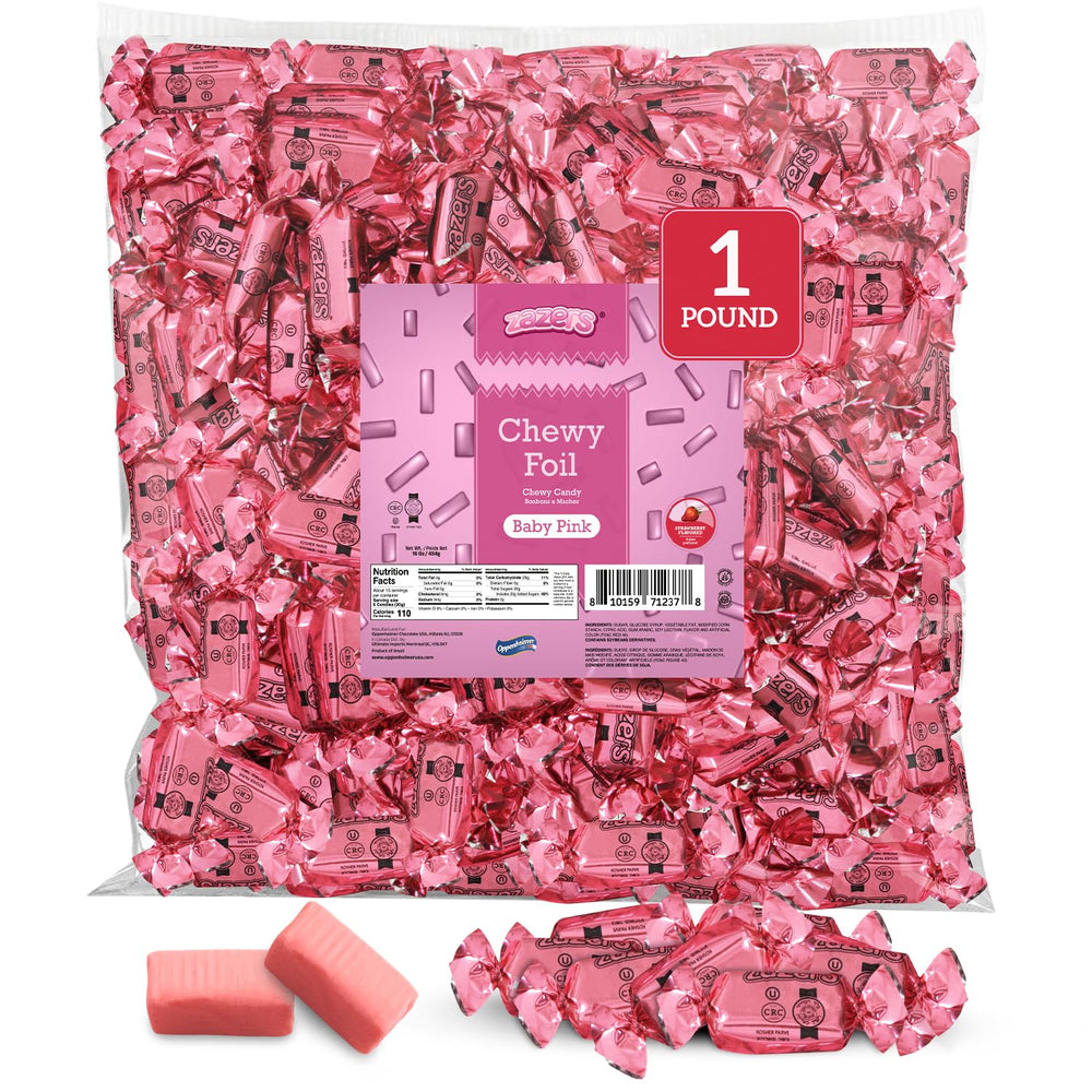 Zazers Baby Pink chewy foil candy for elegant pink party displays.