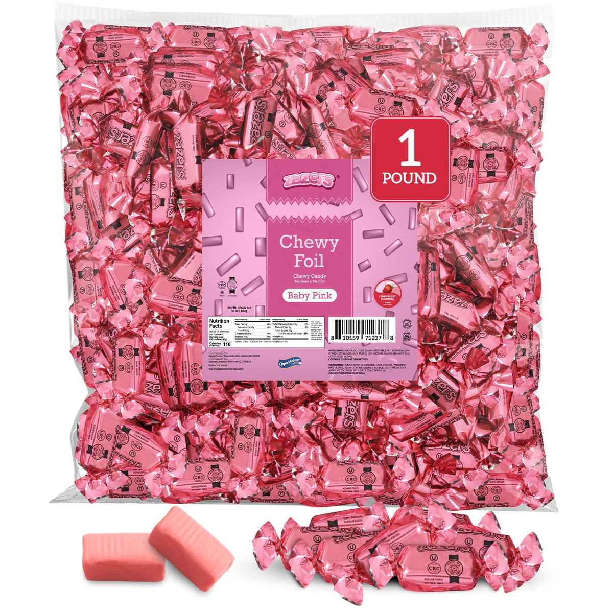 Zazers Baby Pink chewy foil candy for elegant pink party displays.