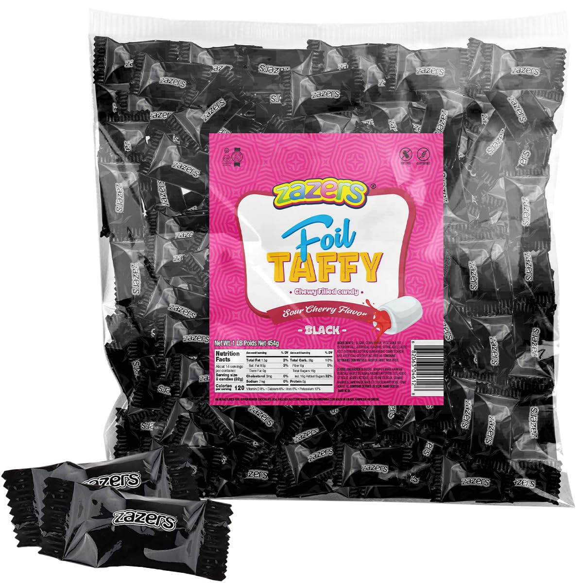 Zazers black-foil cherry taffy in a bag, party-ready