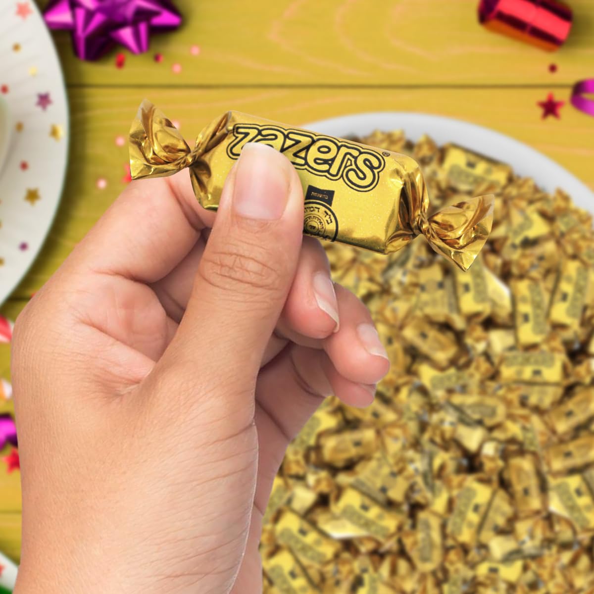 Colorful gold-wrapped candy from Zazers for festive decor at celebrations and receptions.