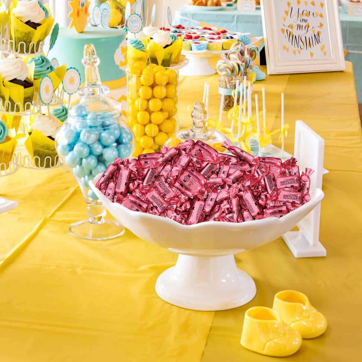 Zazers gender reveal and baby shower use with soft pink hues.
