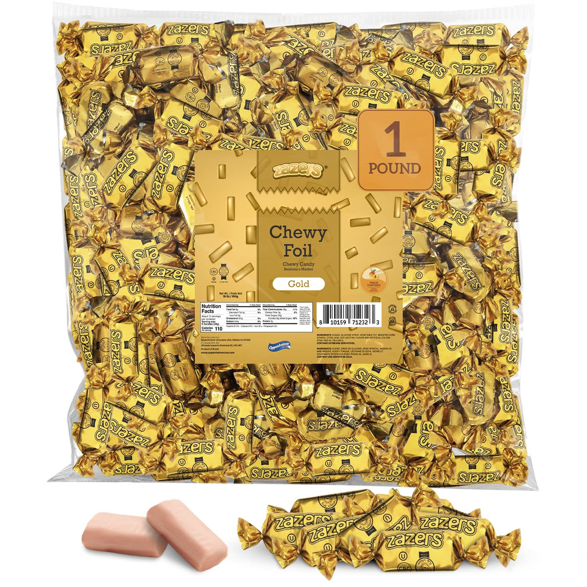 Zazers Gold Chewy Candy peaches, foil-wrapped, ideal for upscale party decor and gifting.