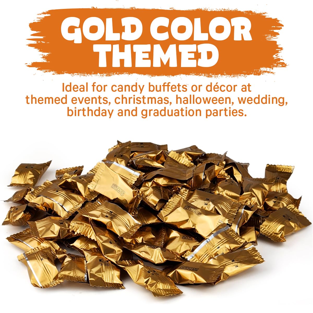 Zazers gold-themed candy buffet setup for events.