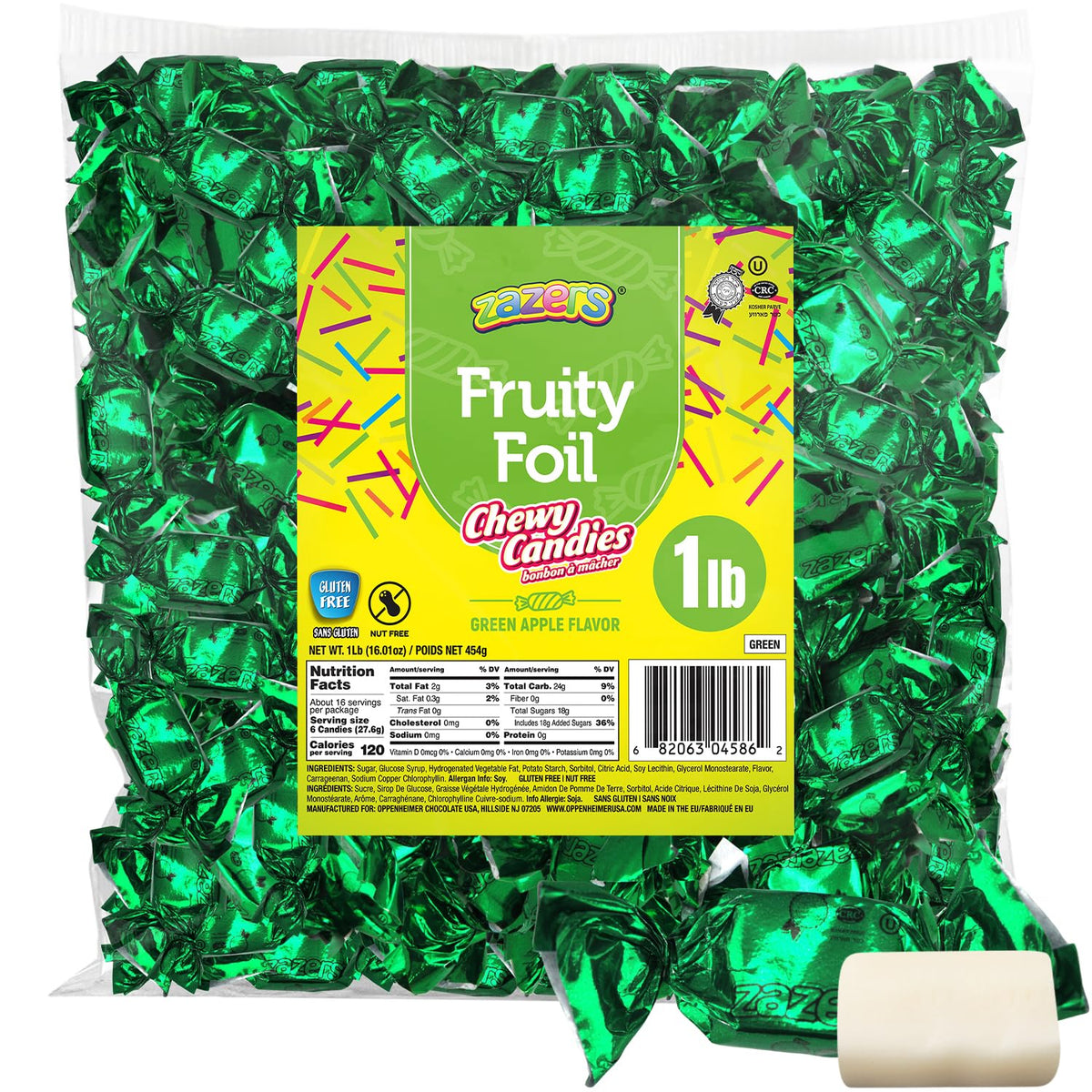Zazers Green Apple Chewy Taffy Bag in vibrant foil packaging, ideal for party favors and candy buffets.
