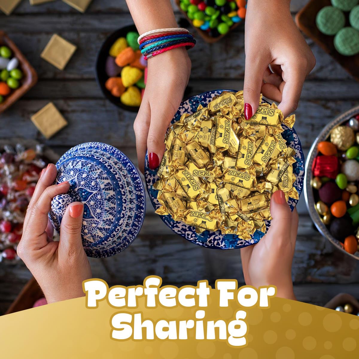Luxurious gold foil candy by Zazers for upscale buffets and reception stations.