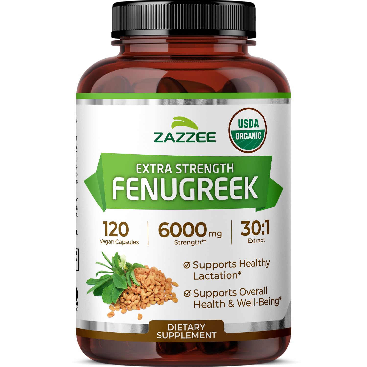 Zazzee fenugreek 30x extract bottle for a four-month vegan supply