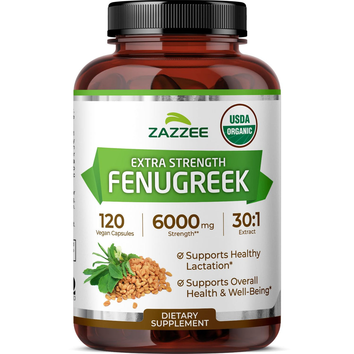 Zazzee fenugreek 30x extract bottle for a four-month vegan supply