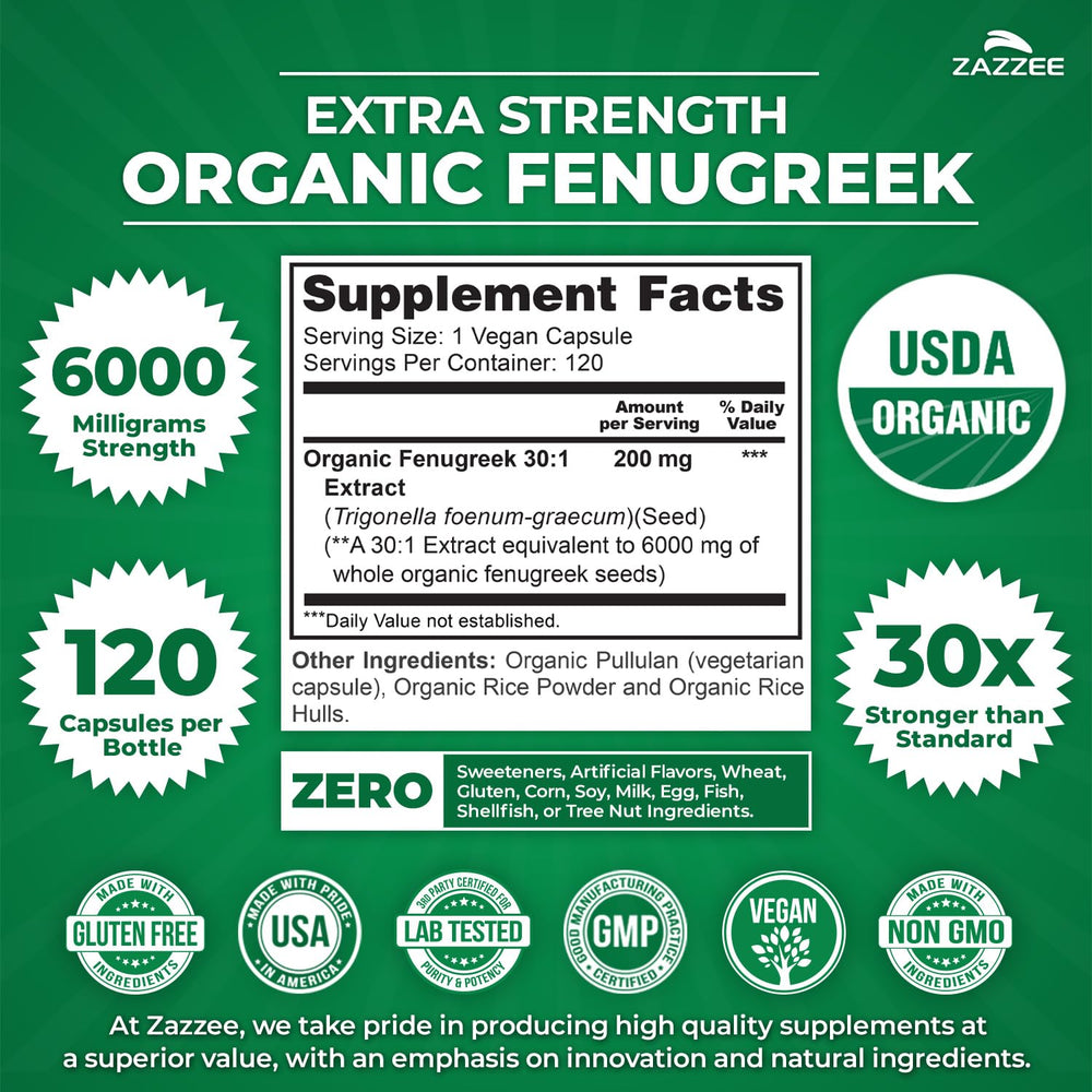 Zazzee fenugreek bottle with USDA Organic seal for pure, natural ingredients