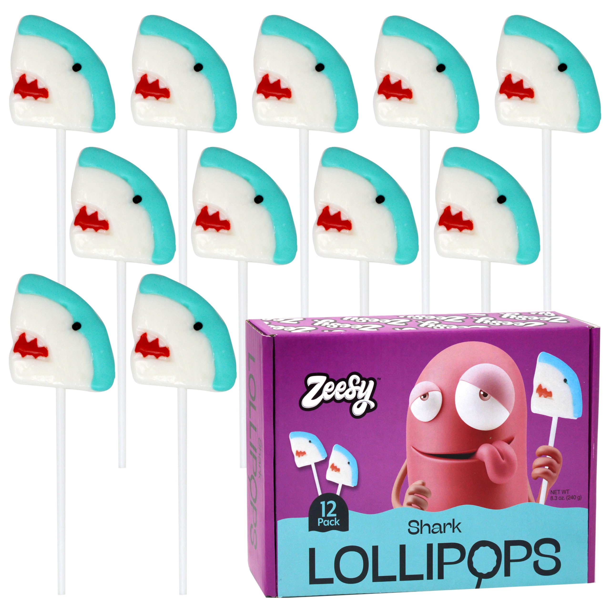 Zeesy Shark Lollipops Pack: twelve shark-shaped candies ideal for ocean party favors.
