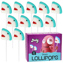 Zeesy Shark Lollipops Pack: twelve shark-shaped candies ideal for ocean party favors.