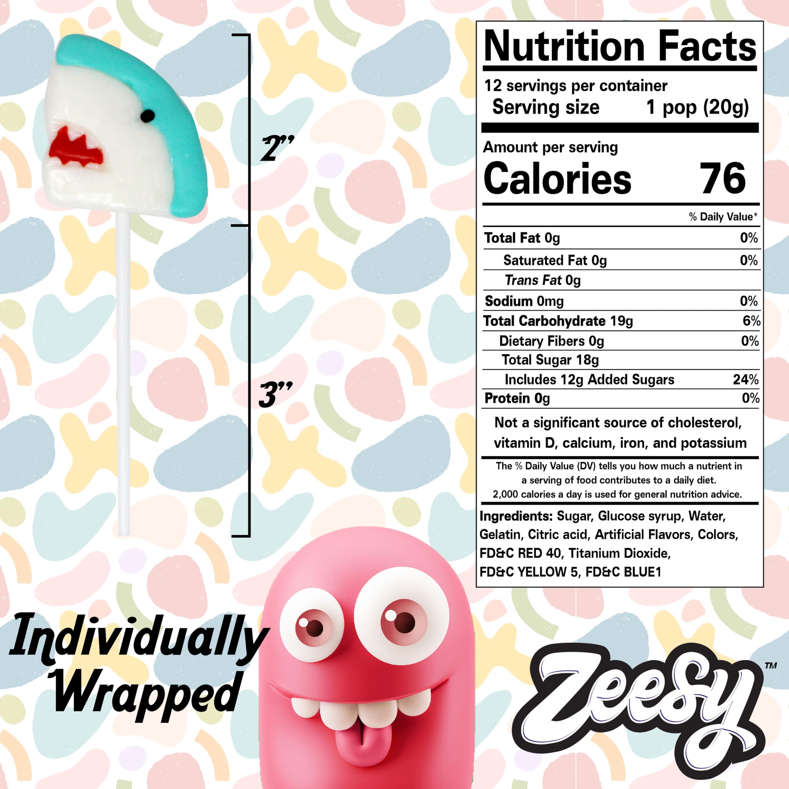 Zeesy Shark Lollipops Wrapped: individually wrapped for freshness and easy sharing at events.