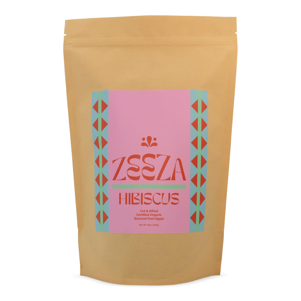 Zeeza hibiscus tea loose leaves close-up with vibrant color, ideal for iced tea