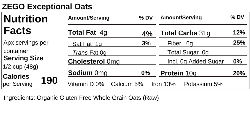 ZEGO Organic Raw Oats bag close-up emphasizing high protein and fiber potential