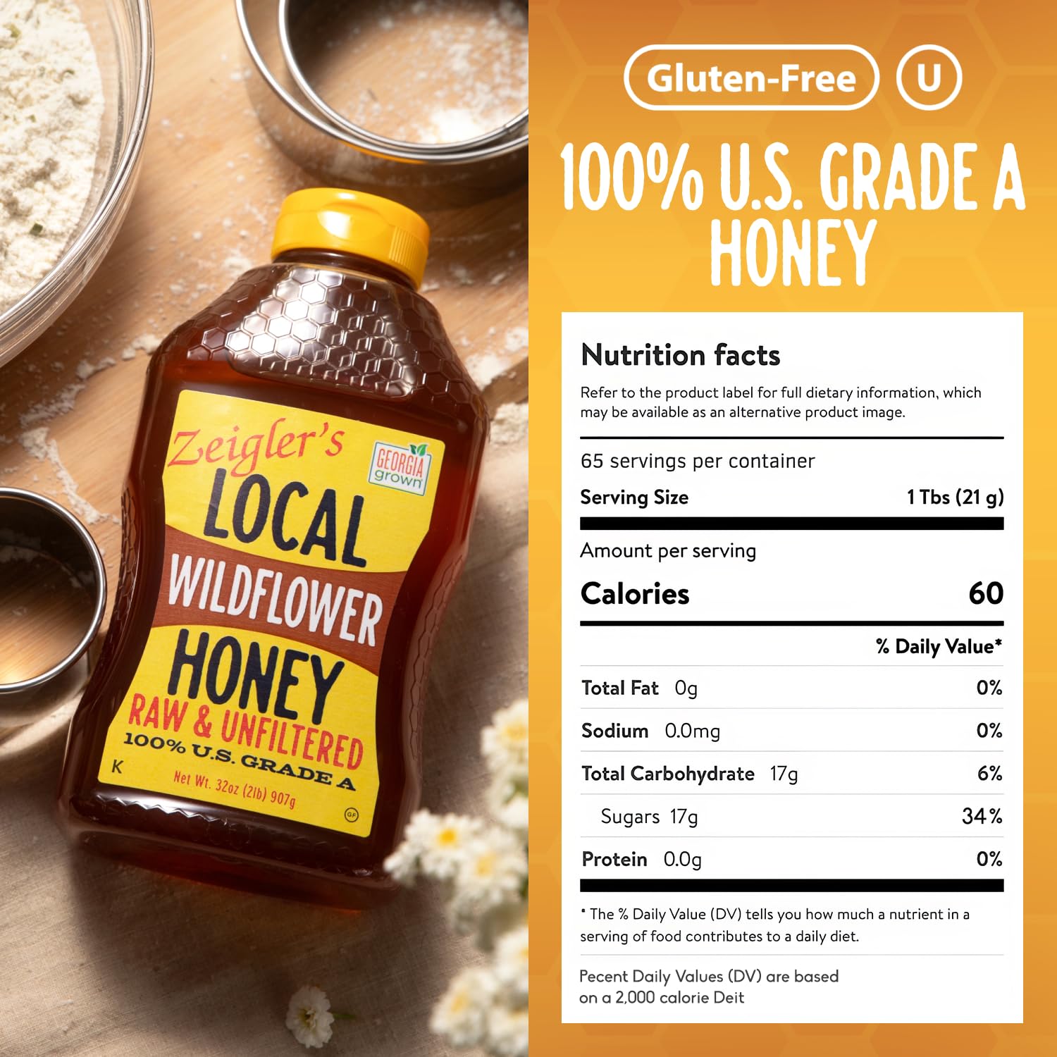 Zeigler's Wildflower Honey 32oz pouring captures smooth drizzle for tea.