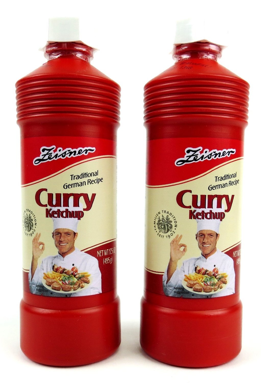 Zeisner Curry Ketchup bottle paired with Bratwurst and fries.
