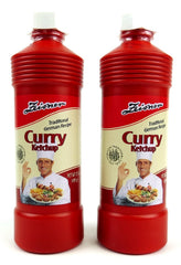 Zeisner Curry Ketchup bottle paired with Bratwurst and fries.