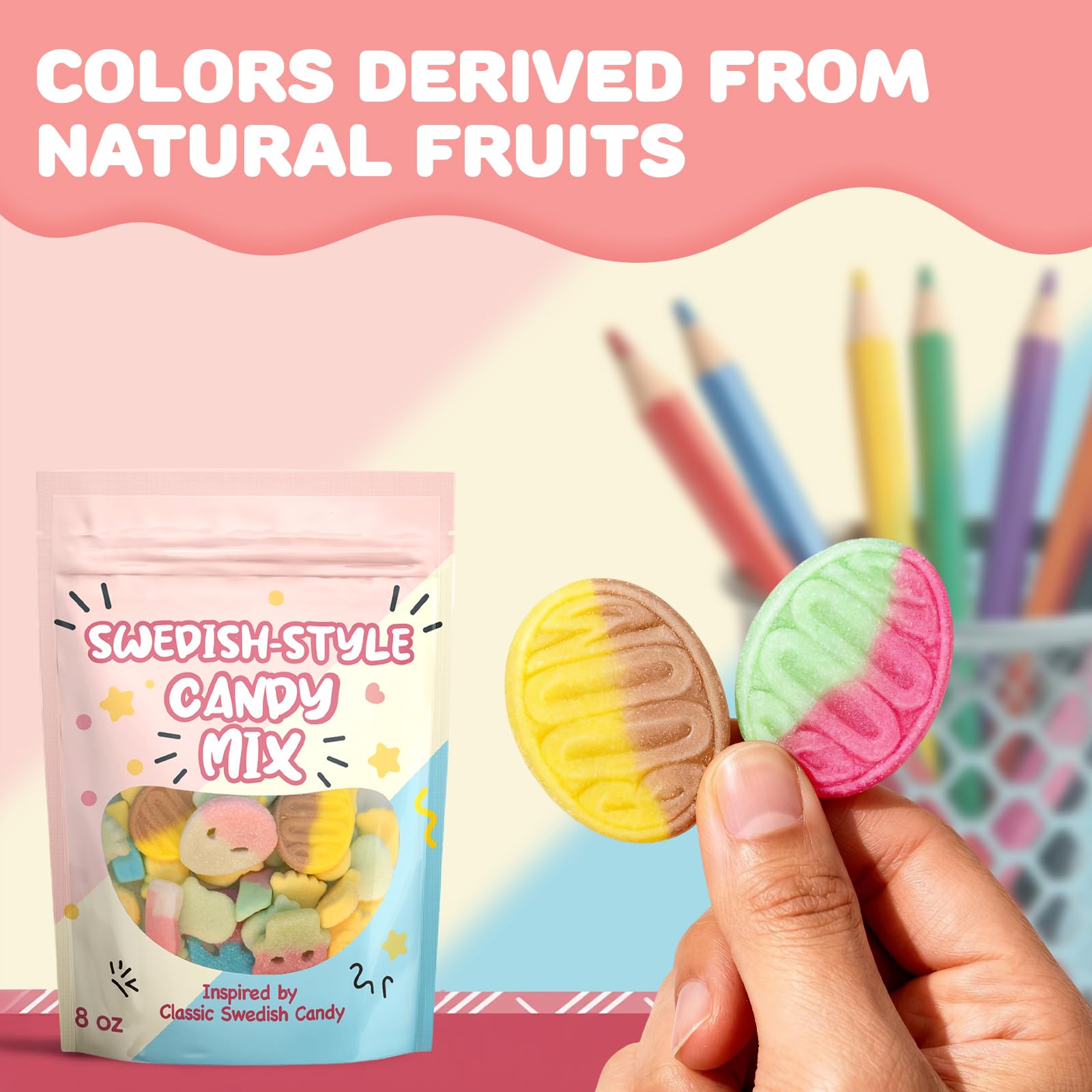 Zelfyrtisar resealable 8oz bag keeps candies fresh for sharing.