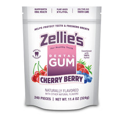 Front of Zellie's 240-count Cherry Berry gum pack showing xylitol benefits for oral care