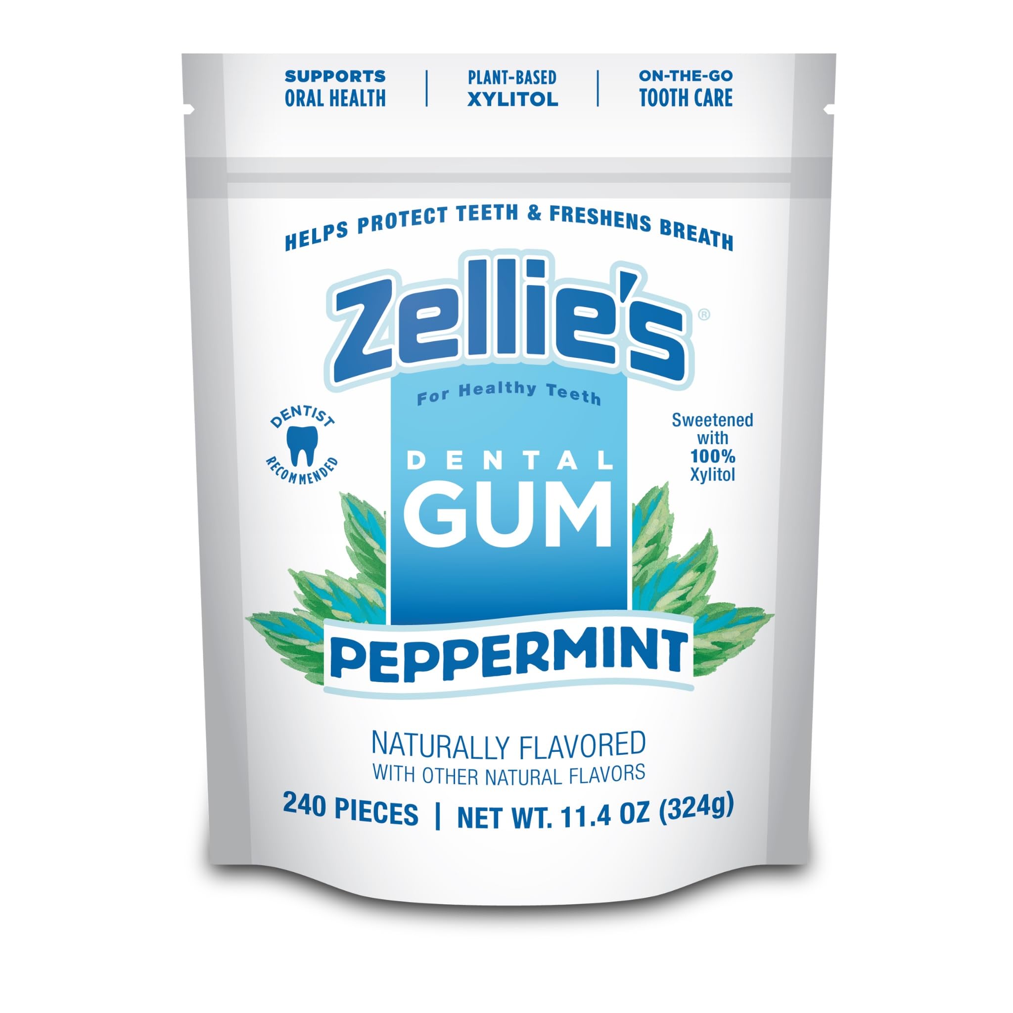 Zellie's peppermint gum pack front highlighting xylitol and refreshing flavor.