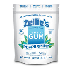 Zellie's peppermint gum pack front highlighting xylitol and refreshing flavor.