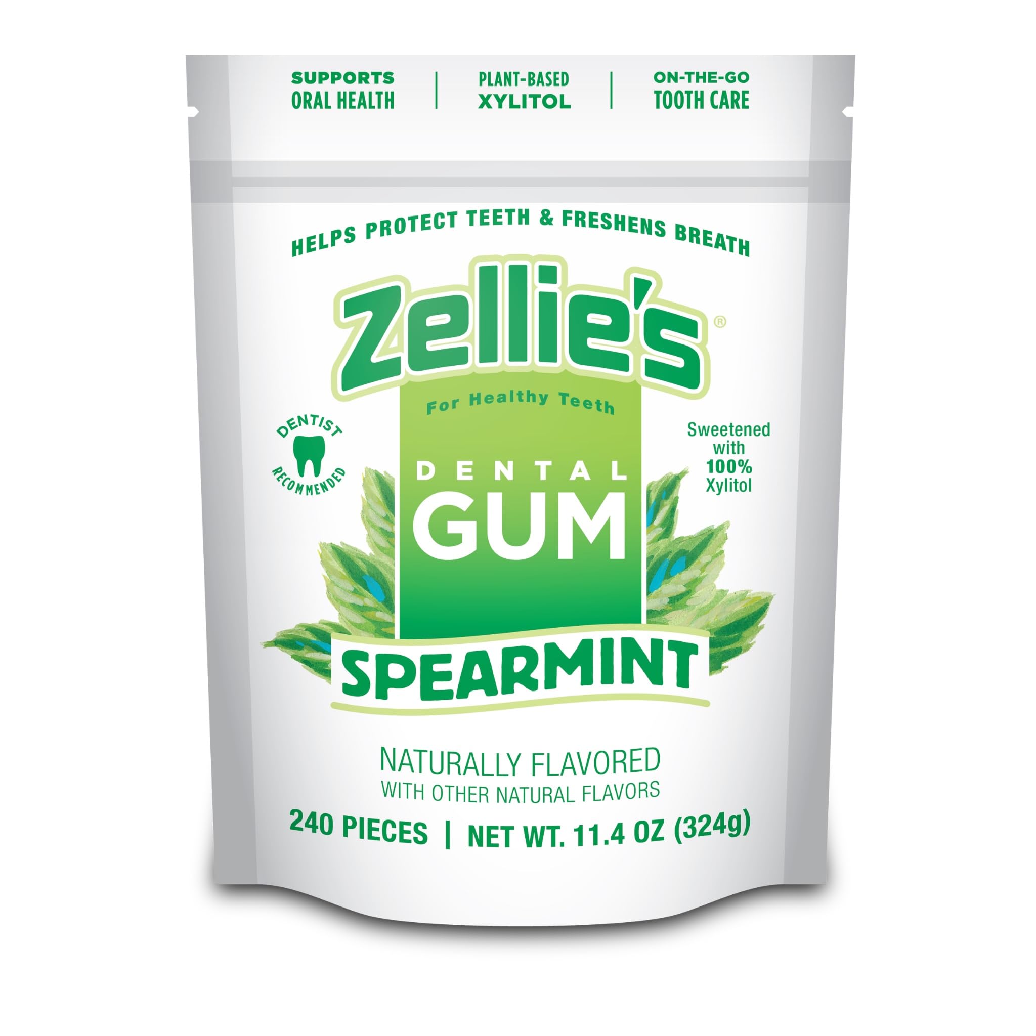 Zellie's 100% xylitol spearmint gum pack keeps breath fresh and sugar-free