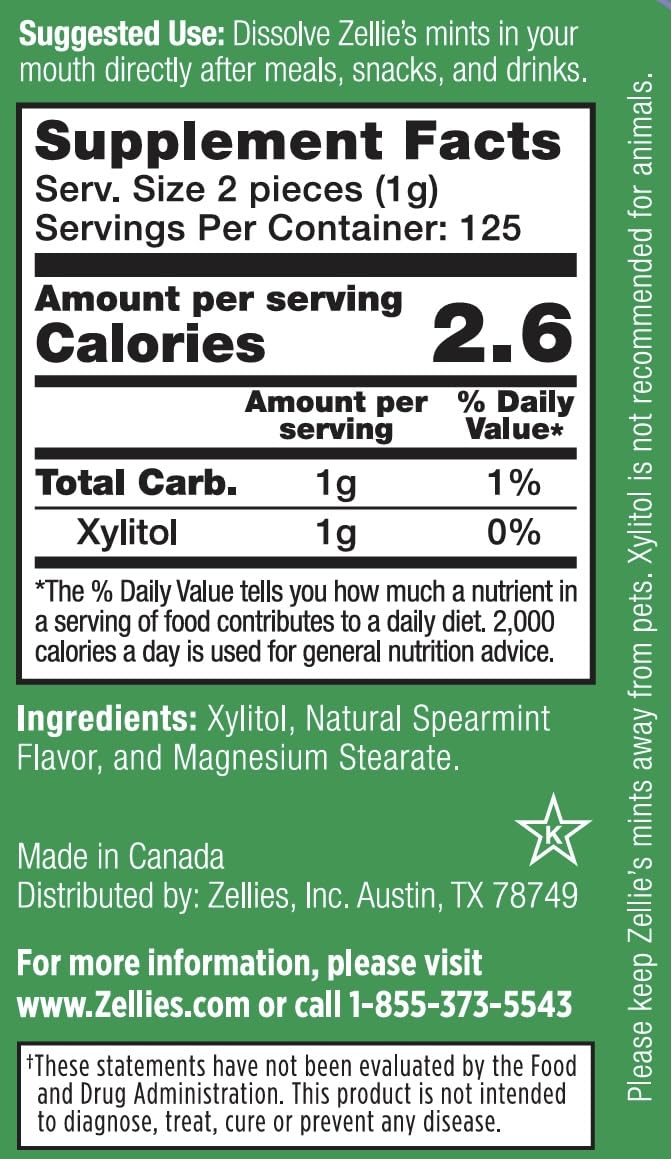 Zellie's spearmint mints tin back showing ingredients and dietary badges