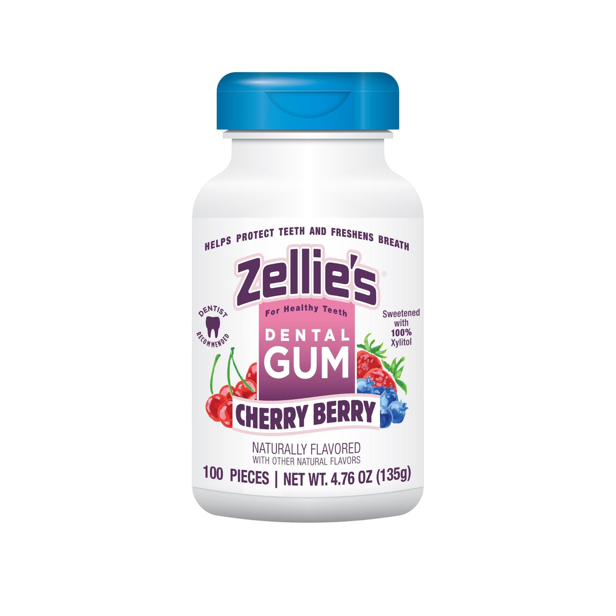 Zellie's 100-count cherry-berry chewing gum pack for daily oral care.