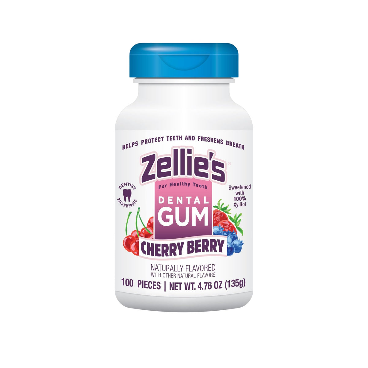 Zellie's 100-count cherry-berry chewing gum pack for daily oral care.